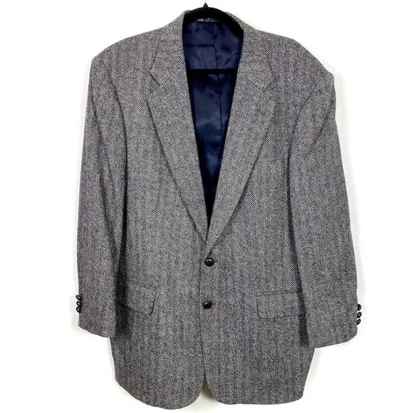 VTG Deansgate 42R Blazer Gray Herringbone Tweed Lambswool Suit Jacket Sport Coat - Picture 1 of 6